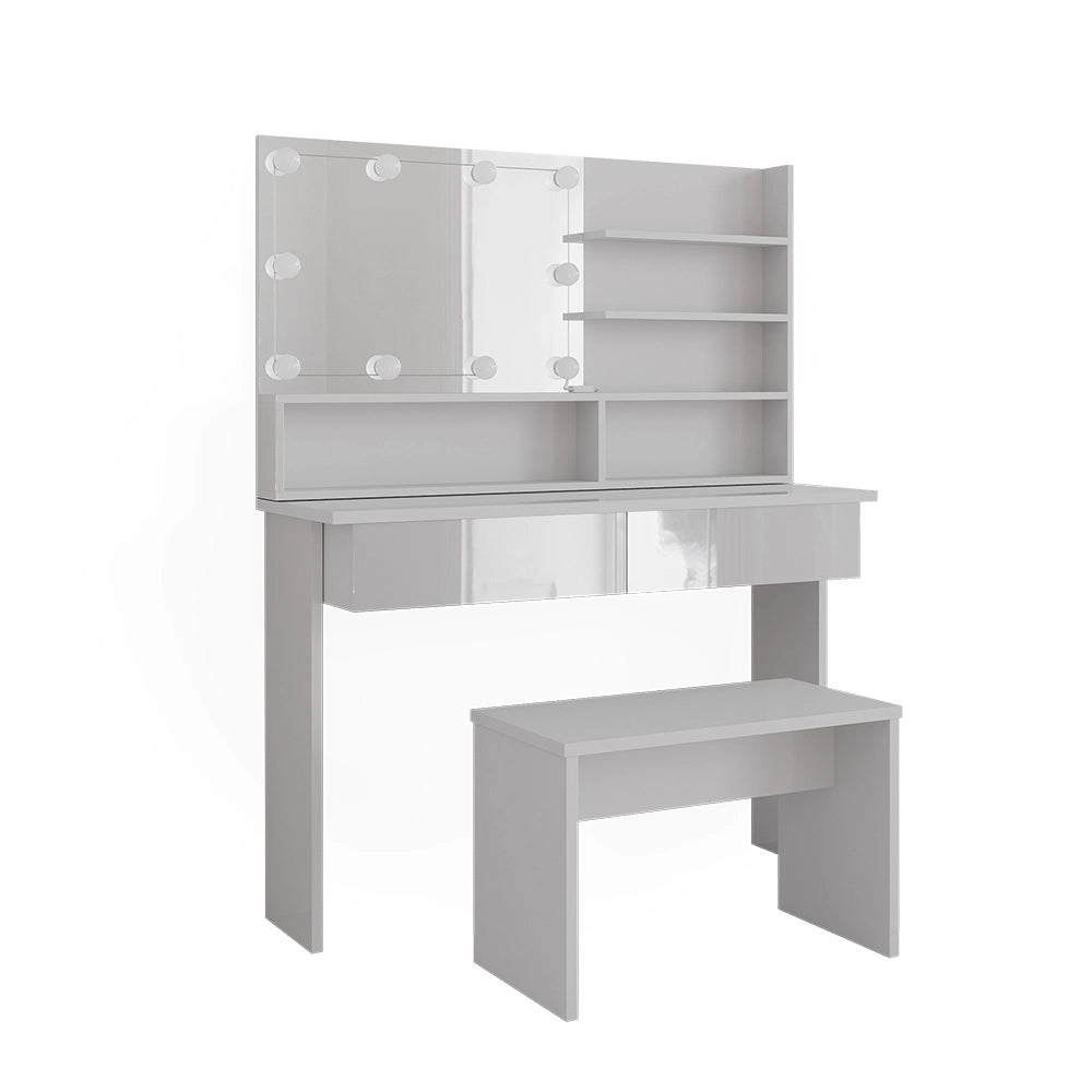 Vicco Tavolo da toeletta Bianco 120 cm con ripiano a specchio, panca e illuminazione a LED