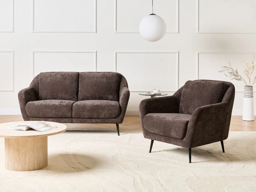 Set di divani a 3 posti di ciniglia marrone Gambe nere in ferro con braccioli Seduta spessa Stile moderno Soggiorno