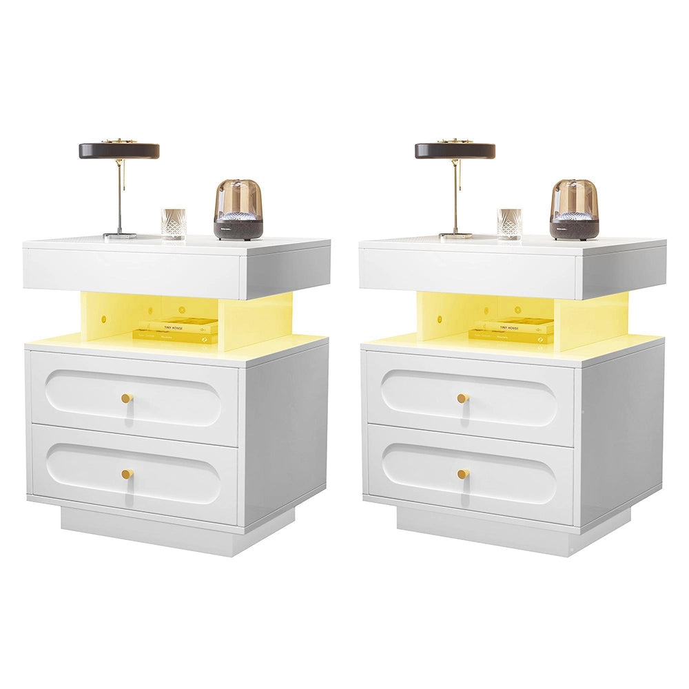 Comodino con Luci LED 100x40x60cm - Xylo - 2 Cassetti, 1 Ripiano Aperto, Bianco