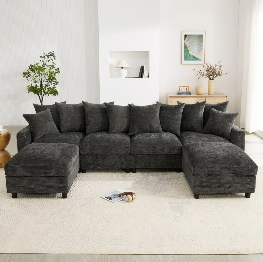 Divano angolare modulare 6 posti con USB/Type-C e 2 pouf