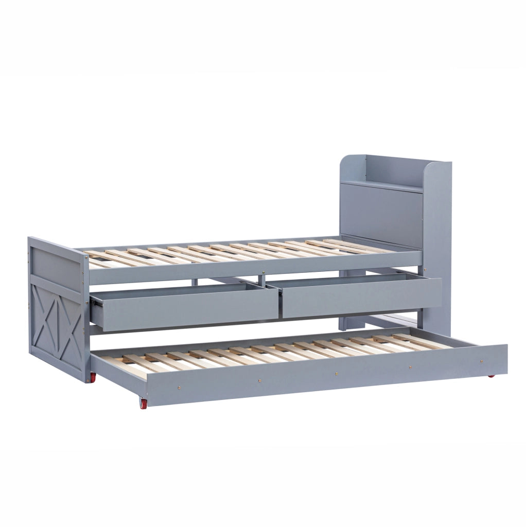 Letto singolo in legno massiccio 90x190 cm con letto estraibile; 2 cassetti; USB; grigio