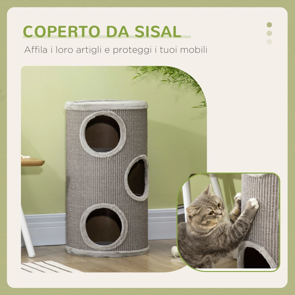 Cuccia per Gatti Tiragraffi 3 Ripiani Ø38x70 cm in Sisal e Peluche Grigio Chiaro