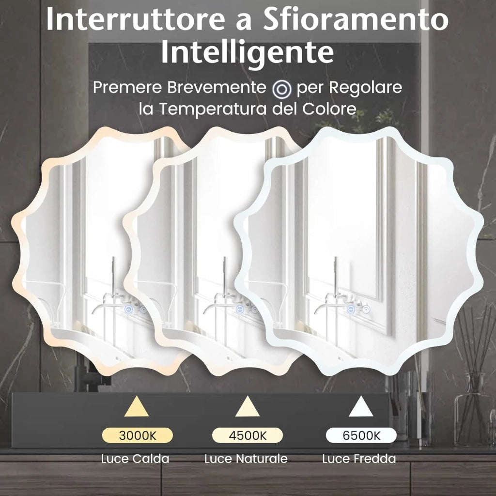 60x60cm Specchio da Bagno a LED, Specchio da Parete Rotondo con Bordo Ondulato, Luci 3 Colori e Anti-appannamento, Specchio per Trucco Illuminato Regolabile con Luce Anti-esplosione e Pulsante