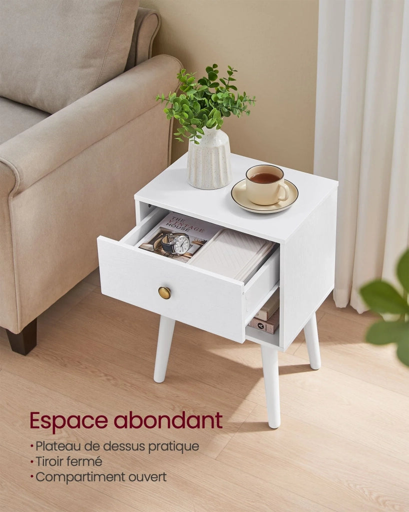 Comodini/tavolini con cassetto 28 x 39 x 55 cm e vano aperto gambe in legno tavolini per soggiorno camera da letto divano bianco 12_0007699