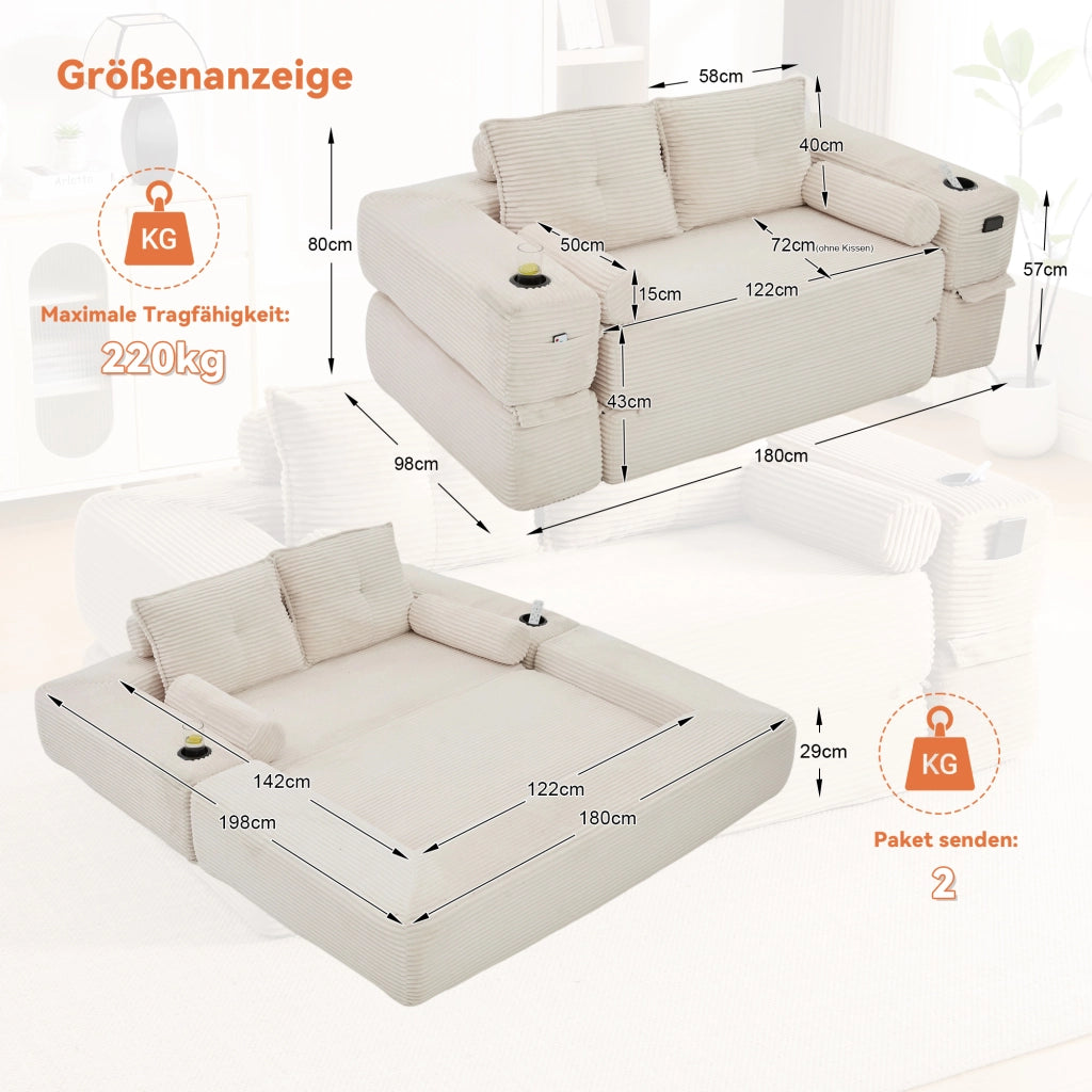 Divano letto multifunzionale in corduroy beige, struttura con molle e cuscini memory, 180x98x80 cm
