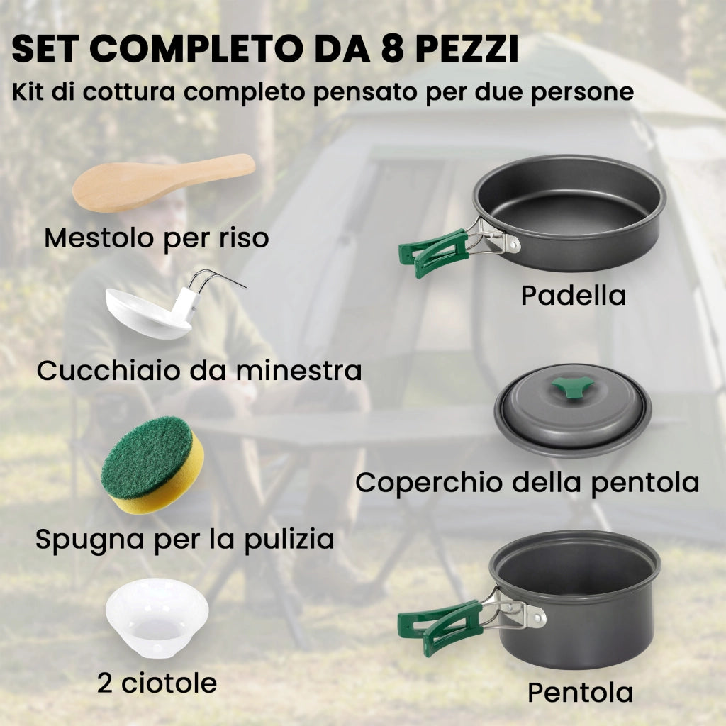 Set 8 Pezzi da Cucina per Campeggio Kit Ultraleggero con Manici Anti-Scottatura in Alluminio Grigio