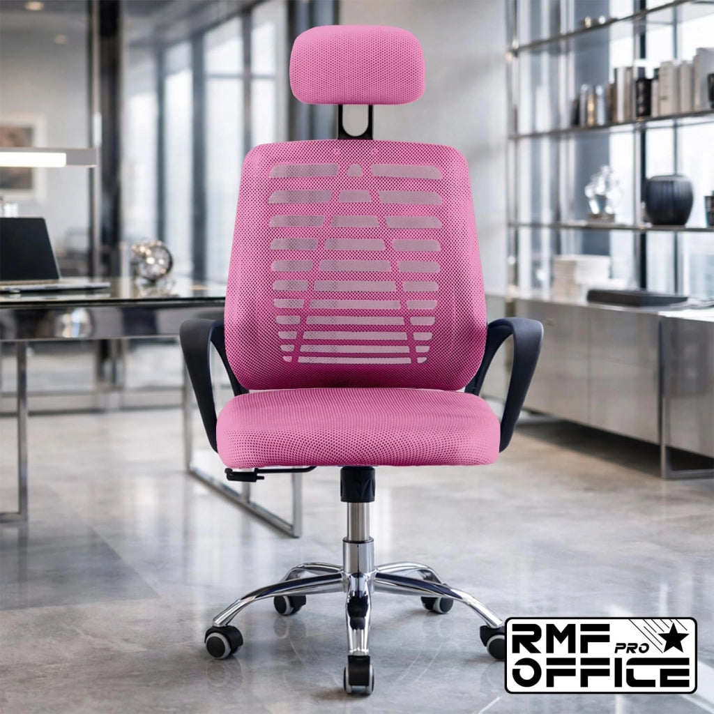 RMF Sedia Ufficio Ergonomica Professionale Reclinabile, Sedia Scrivania in Rete con Seduta Comoda e Rilassante - Poltrona Relax Ufficio con Ruote Girevoli Altezza Regolabile ROSA