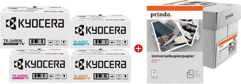 ORIGINAL Kyocera Value Pack nero / ciano / magenta / giallo / Bianco TK-5490 MCVP + Prindo Universal Papier 2500 Blatt ~10000 Seiten