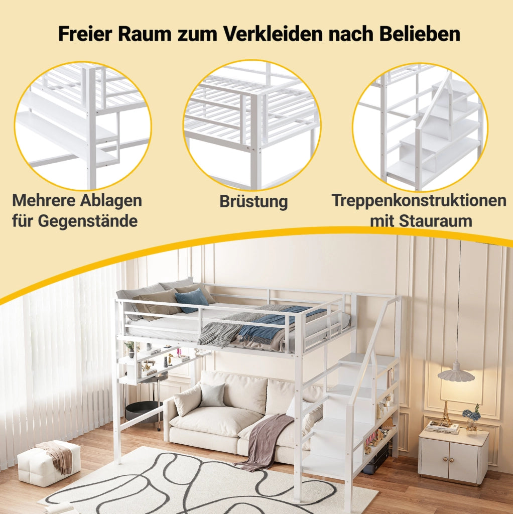 Letto a soppalco per bambini 140x200 cm con mensole; scala contenitore e barriera bianco