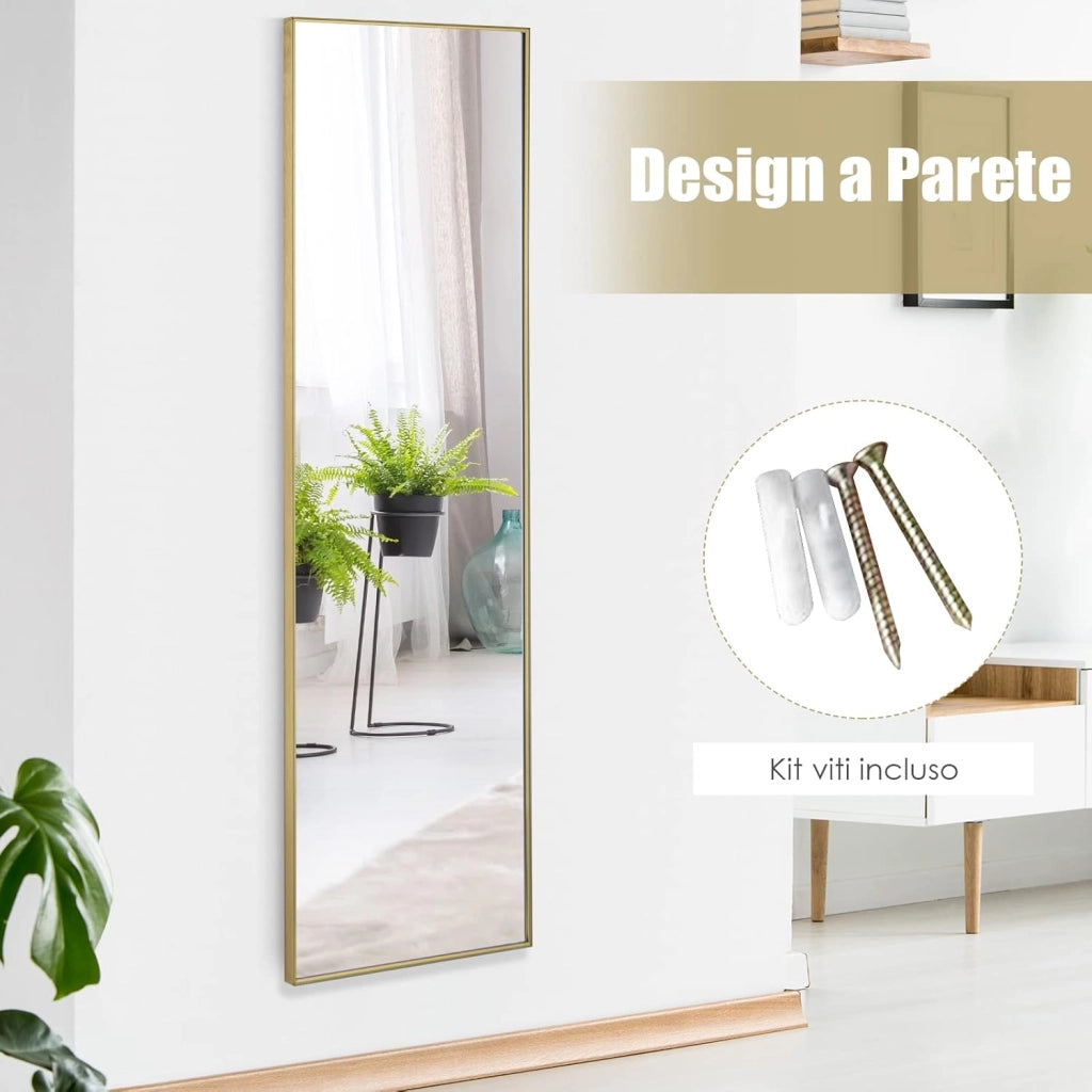 Specchio da Parete Lungo, Specchio da Terra Appendere con Cornice in Lega di Alluminio e Ganci, Per Camera da Letto e Soggiorno, 120 x 37 cm (Oro)