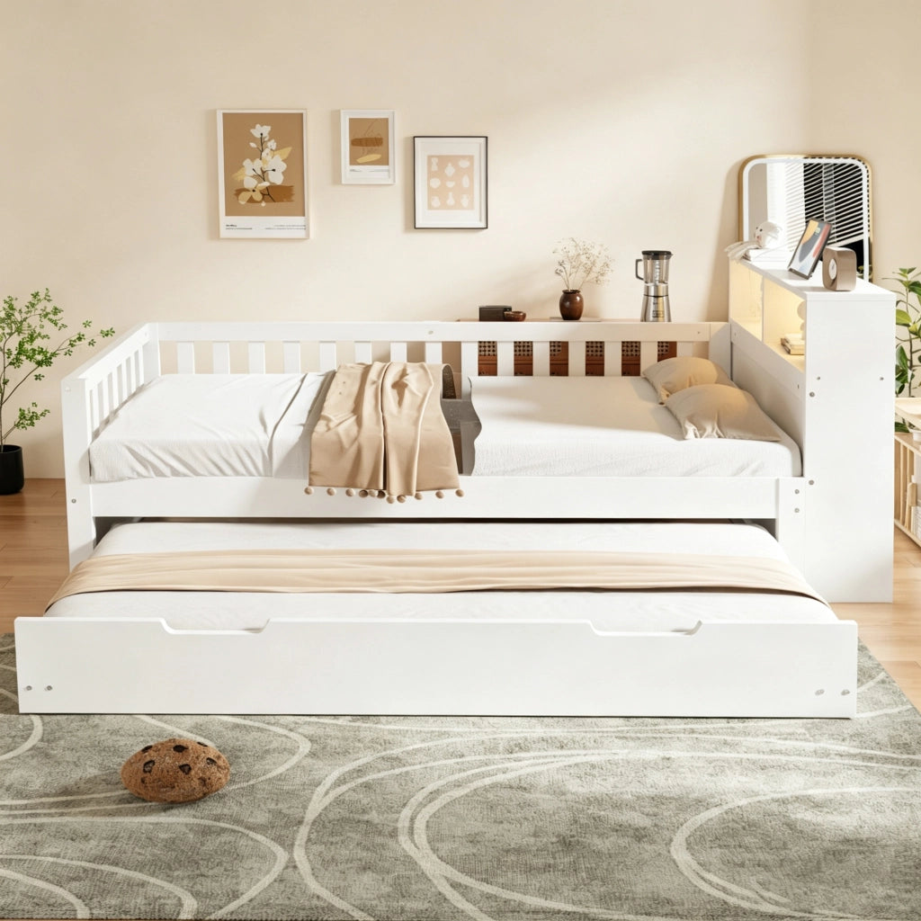 Letto singolo 90×200 cm con letto estraibile; ripiani; LED; USB; Type-C e sponde; senza materasso; bianco