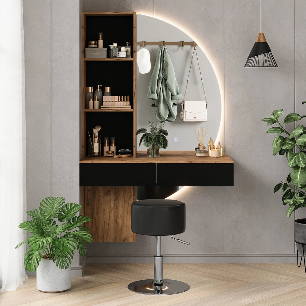 Vicco Tavolo da toeletta Quercia/nero 100 cm con specchio LED e sgabello