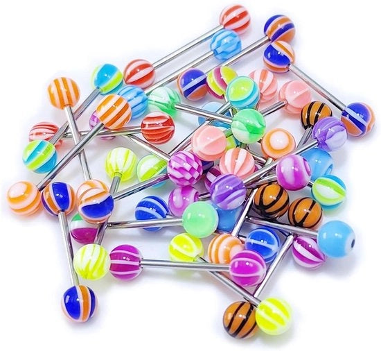 Set di 30 stecchi in acciaio inox per piercing di acrilico e plastica con anelli di 16 mm.