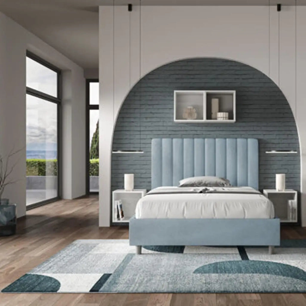 Letto una piazza e mezza senza rete imbottito 120x200 microfibra azzurro Agueda