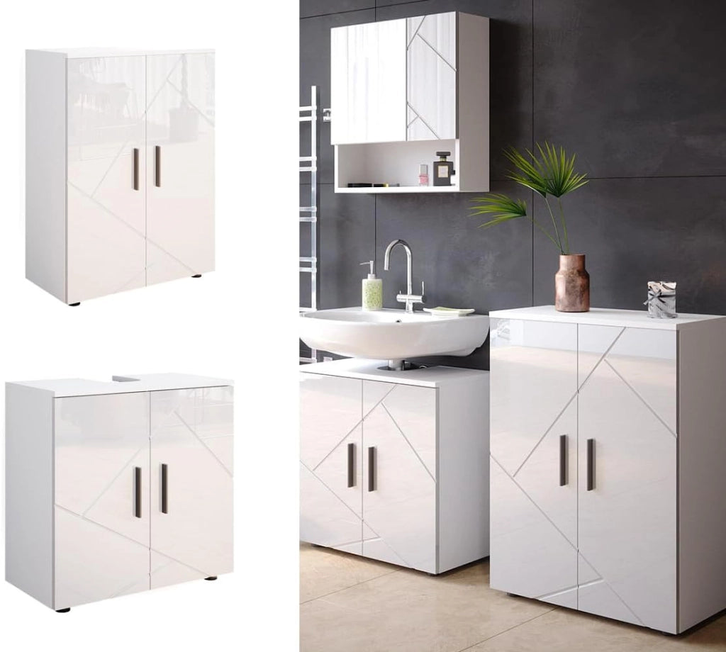 Set di mobili da bagno Irma, Bianco lucido, 2 parti, con unità midi, composto da mobile sottolavabo e armadio medio