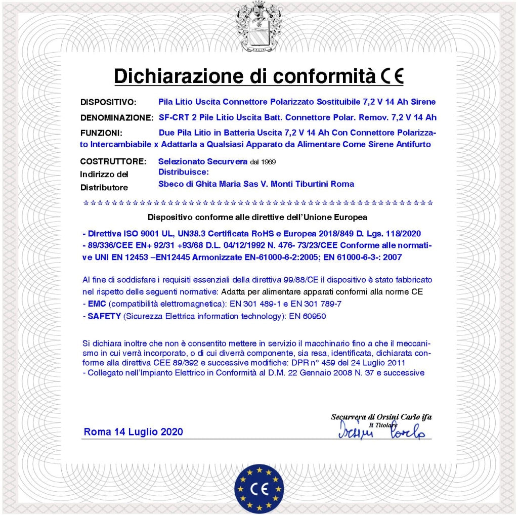 Pacco 2 Batterie litio ER34615M 7,2 V 13 Ah Pile Non Ricaricabili Ricambio Compatibile Sirena Radio Connettore Polarizzato Sostituibile Dimensioni H62XL69Ø34 mm Pronta all'Uso Direttiva ISO 9001