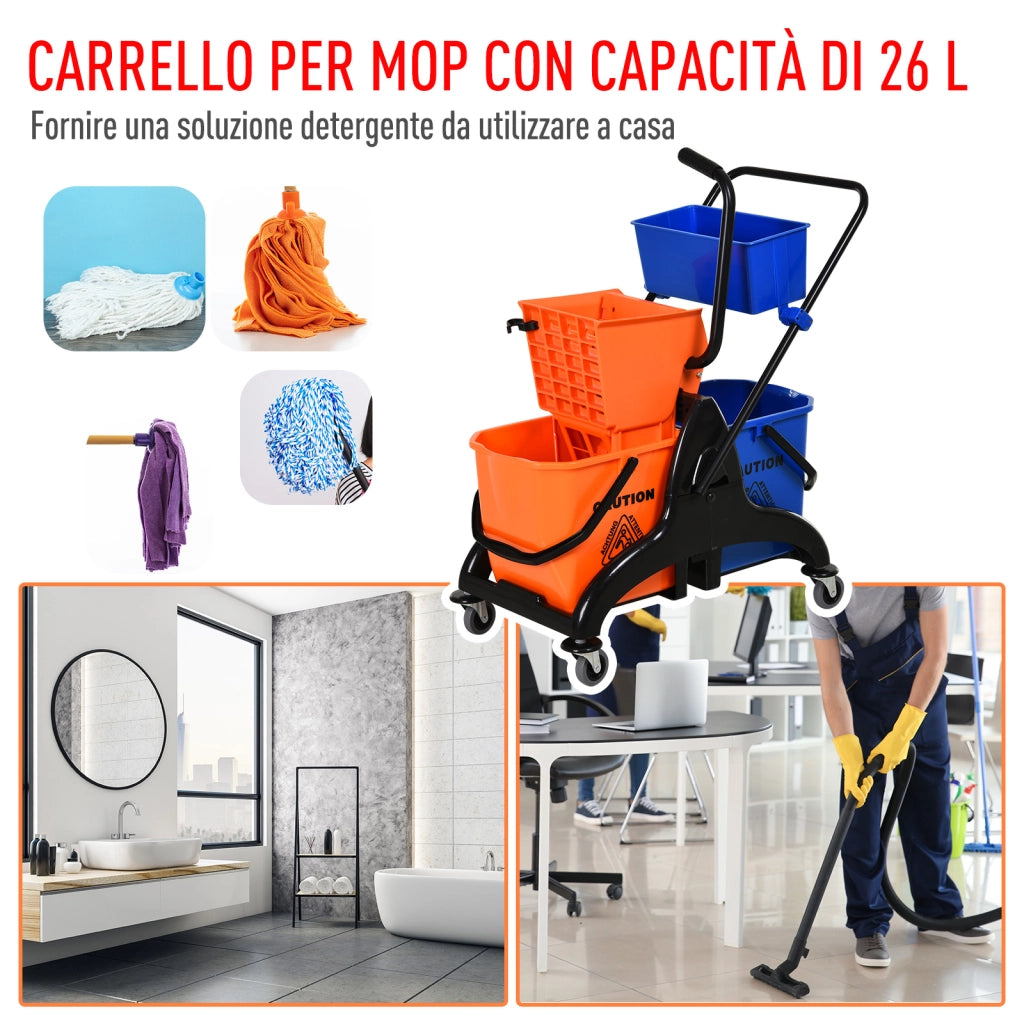 Carrello Pulizie Professionale da 26L con 2 Secchi Lavapavimenti, in Plastica e Metallo, 78x45x95 cm, Arancio Blu