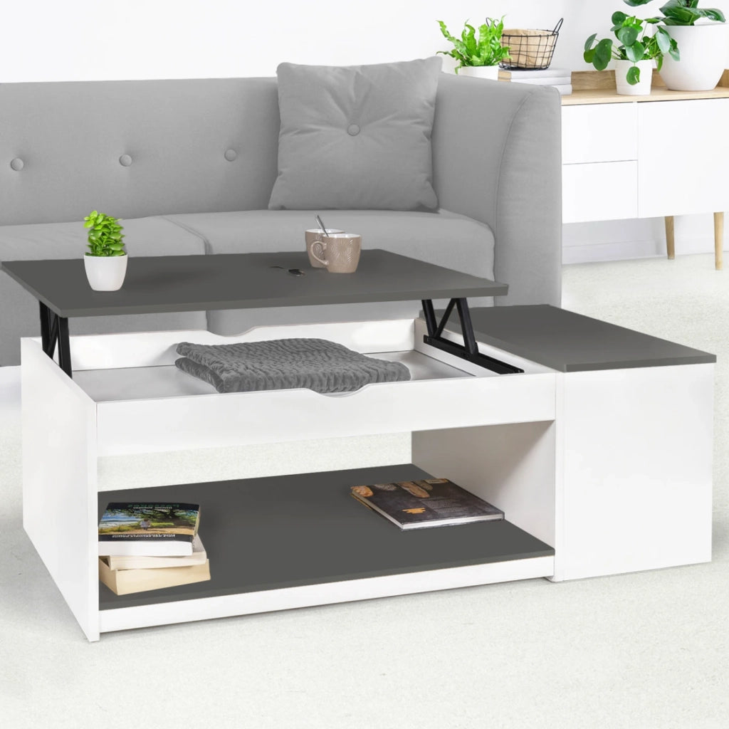 IDMarket - Tavolino elevabile ELEA con scatola in legno bianco e grigio