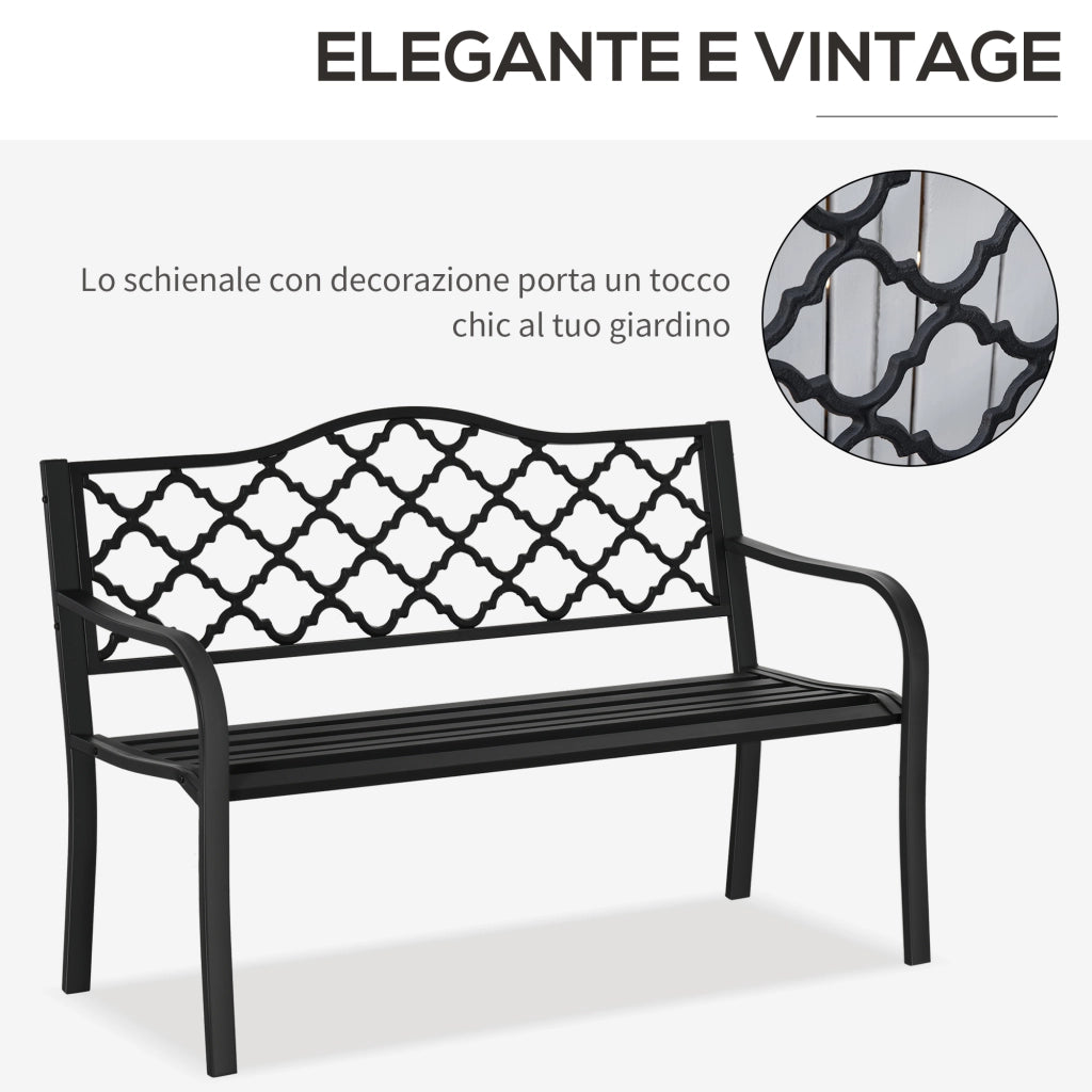 Easycomfort Panchina da Esterno 2 Posti in Acciaio e Ghisa con Braccioli e Schienale Decorato, 128x58.5x89cm, Nero