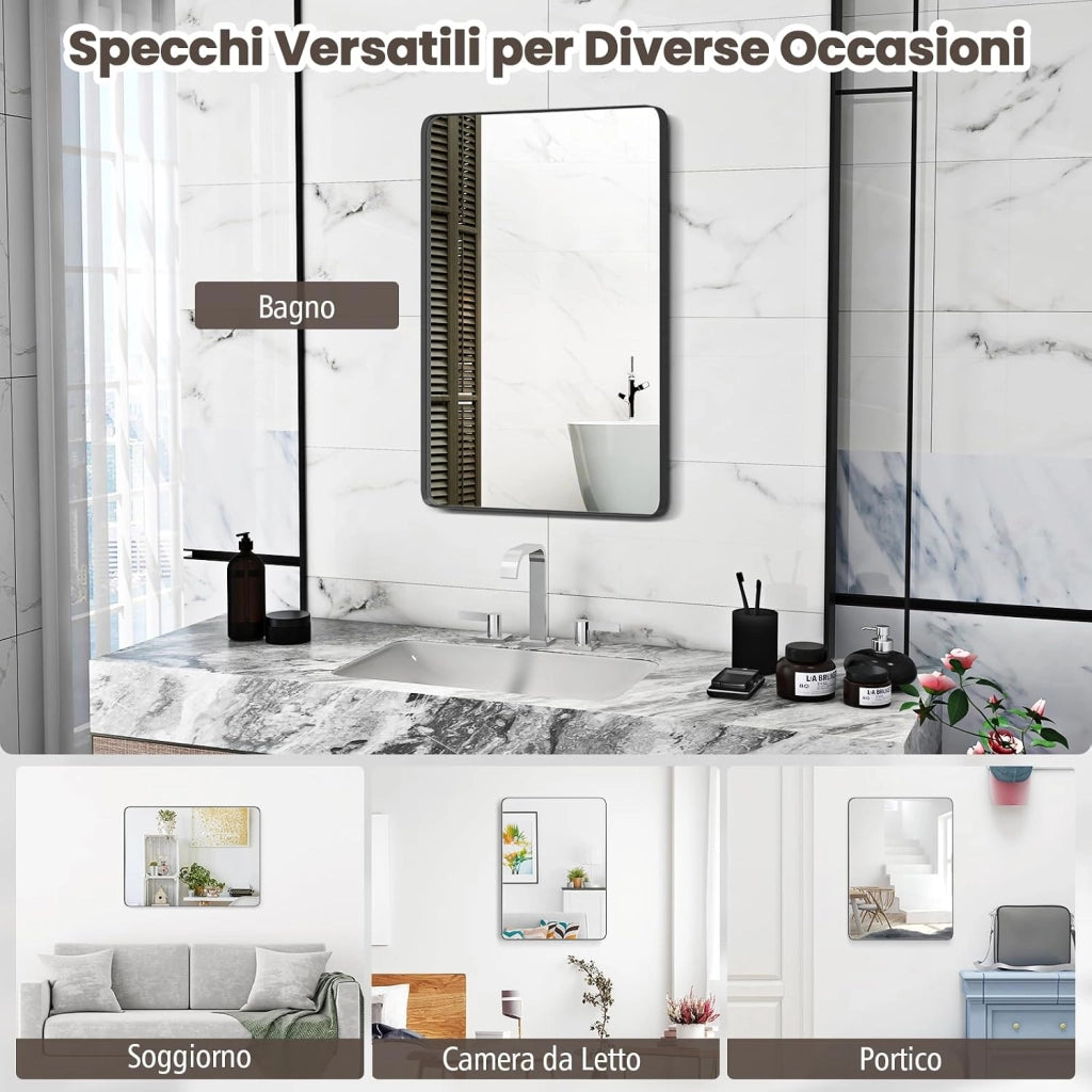 Specchio da Parete 76,5 x 56 cm, Specchio da Bagno Rettangolare con Pellicola Antigraffio, Cornice in Metallo Antiruggine, Ideale per Bagno Soggiorno Ingresso, IP44