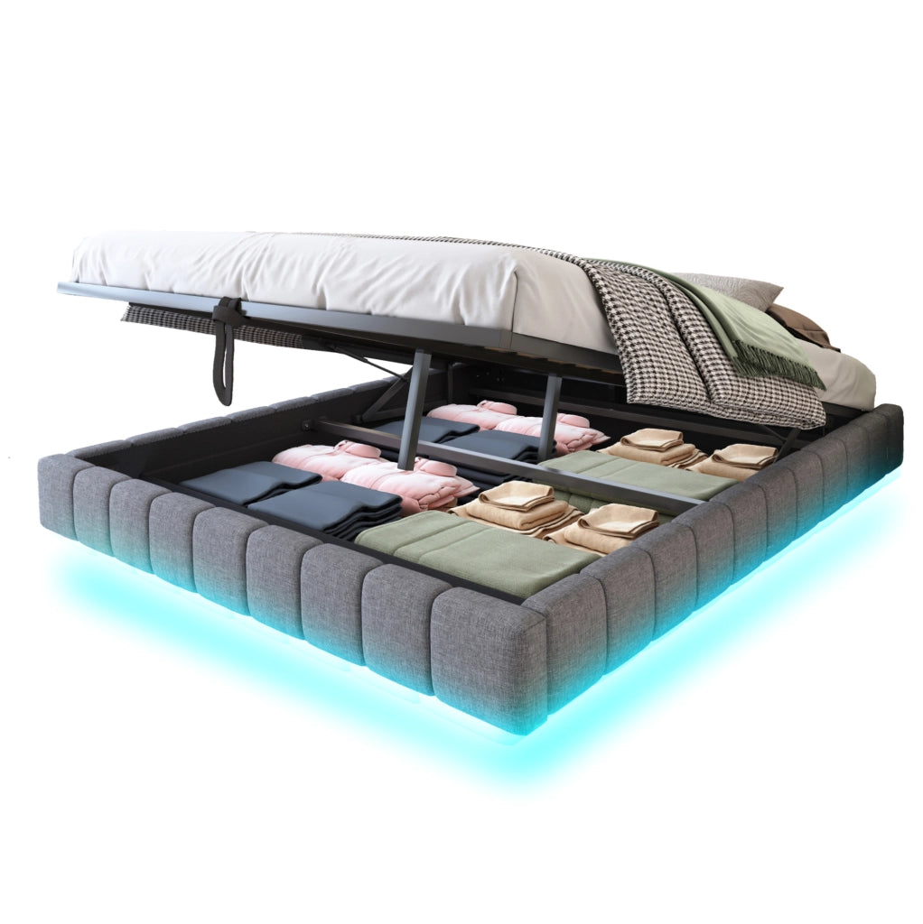 Letto imbottito sospeso 180x200 con LED e contenitore grigio