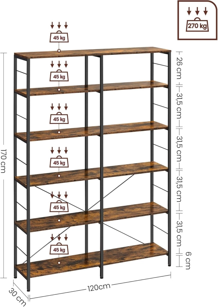 VASAGLE Libreria a 6 livelli, Scaffale Portaoggetti, 30 x 120 x 172,5 cm, Stile Industriale, per Soggiorno, Studio, Balcone, Cucina, Marrone Vintage e Nero LLS114B01