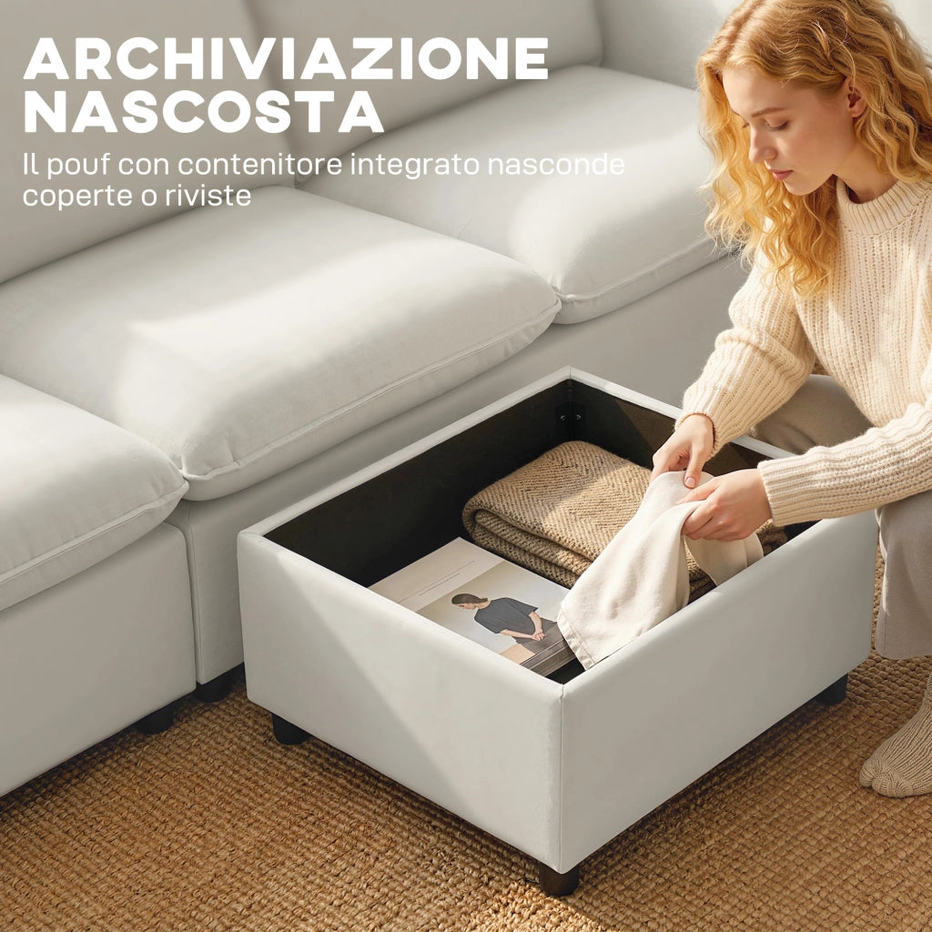Divano Angolare 3 Posti Modulare in Tessuto con Contenitore e Poggiapiedi ¨C Zephmum ¨C Crema