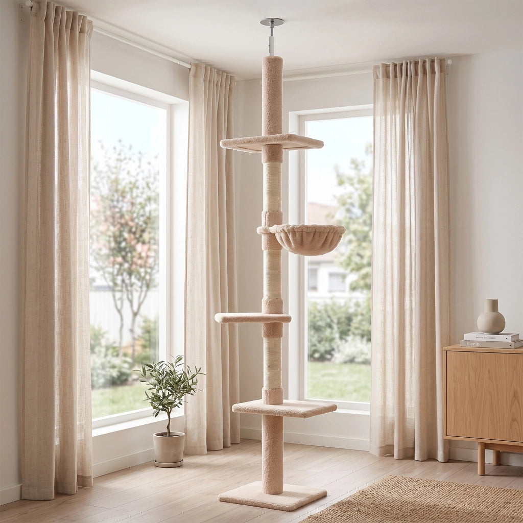 Albero Tiragraffi a Soffitto con Amaca e Altezza Regolabile ¨C zephmum ¨C 40x34x230-260cm Beige