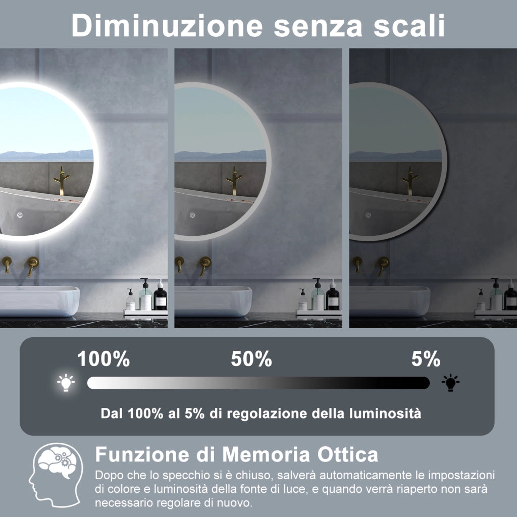 Specchio da bagno Rotondo con 70cm,Memoria, Antifog,Regorabile,Retroilluminato,doppio interruttore,