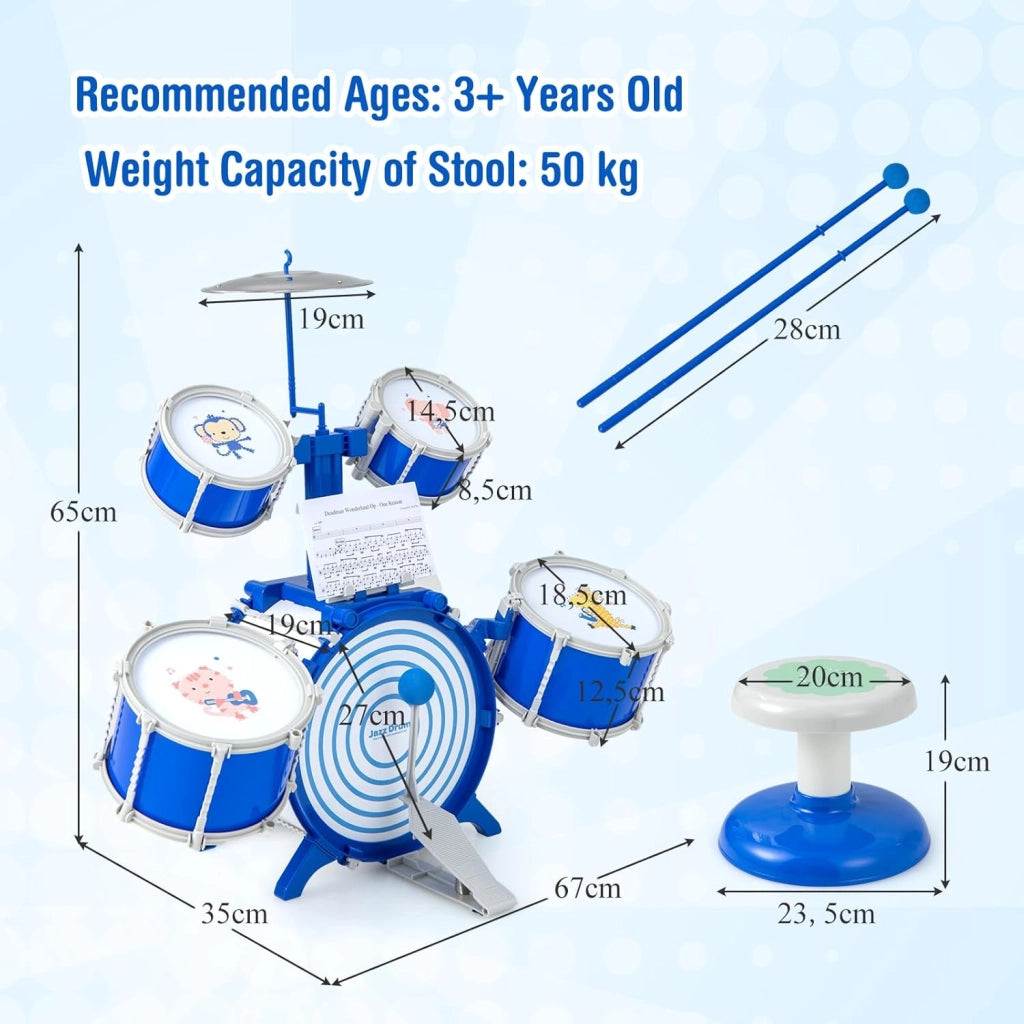 Batteria per Bambini da 3+ Anni, Set di Tamburi con Sgabello, 5 Tamburi, 2 Bacchette, Leggio e Pedaliera, Strumento Musicale per Bambini, Jazz Rock Drum Regalo per Bambini, Blu