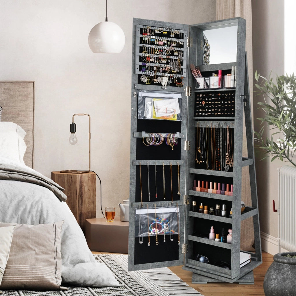 Armadio portagioielli girevole a 360¡ã con specchio, Organizer gioielli 2 in 1 a figura intera Grigio-Armadietti per gioielli