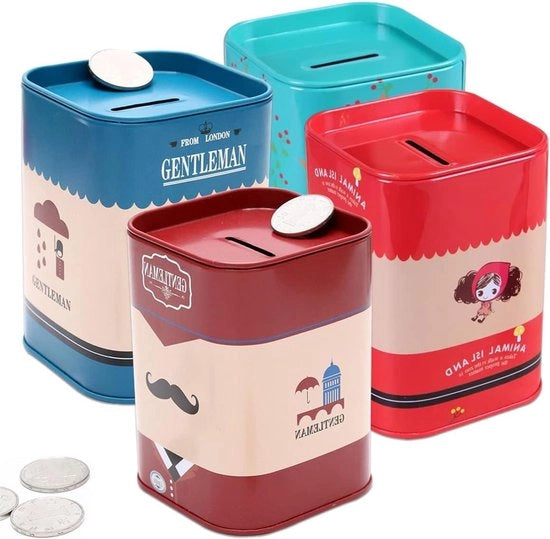 Scatola di risparmio metallica quadrata a 4 pezzi, con scatola di cartone multicolore - regalo per bambini e adulti - regalo di compleanno