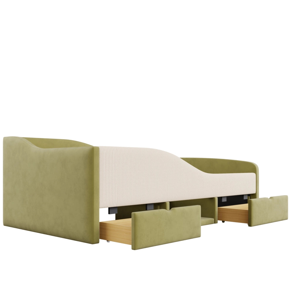 Letto imbottito 90 x 190 cm con cassetti e sponde, verde scuro e avorio