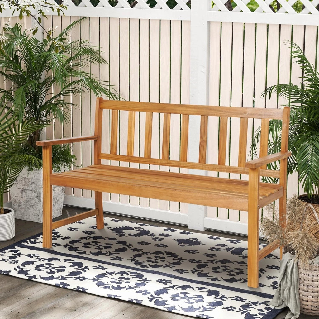 Panchina da Esterno in Legno di Acacia, Panchina con Schienale, Braccioli e Sedile a Doghe, Panchina da Giardino, Balcone e Cortile, Portata 360 kg (122 x 56,5 x 86 cm)