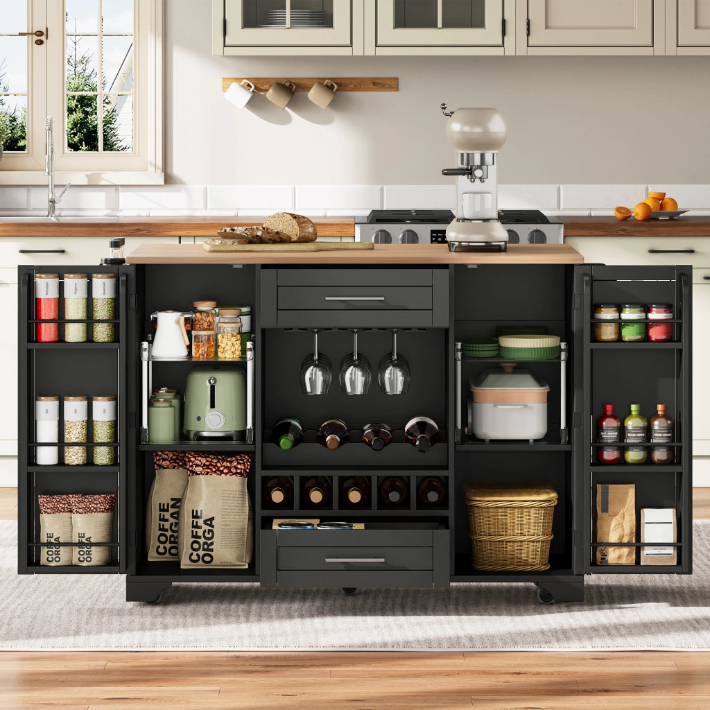 Carrello da cucina con 2 ante; 2 cassetti; ripiani regolabili; portabicchieri e portaasciugamani; 138x45x92 cm