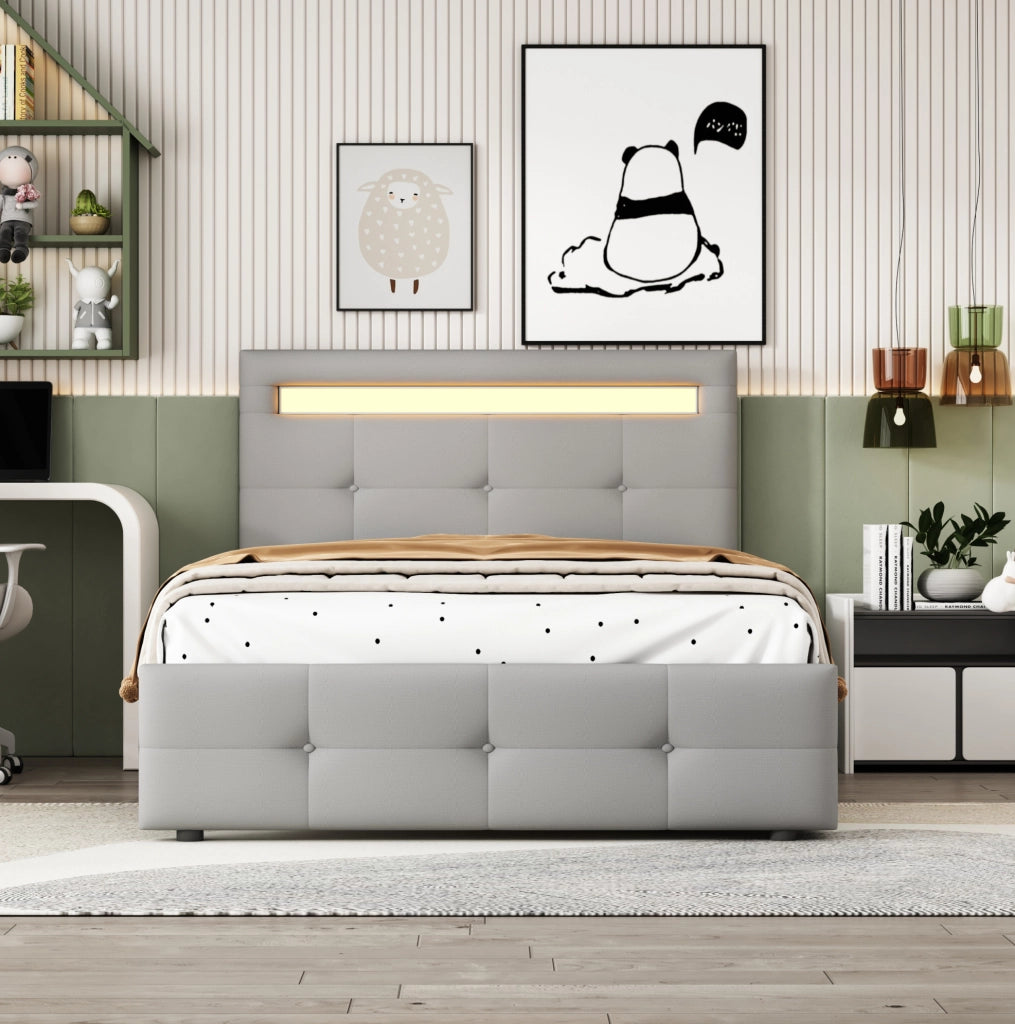 Letto imbottito 90x200 cm con LED; 2 cassetti; rete a doghe; grigio