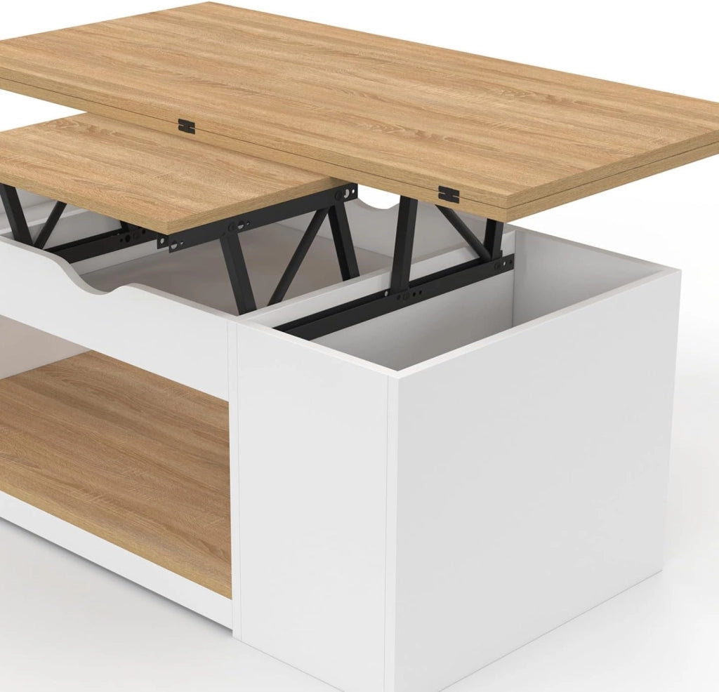 Tavolino rettangolare con piano sollevabile, trasformabile in tavolo da pranzo ELEA, 100 cm, legno bianco e impiallacciato faggi
