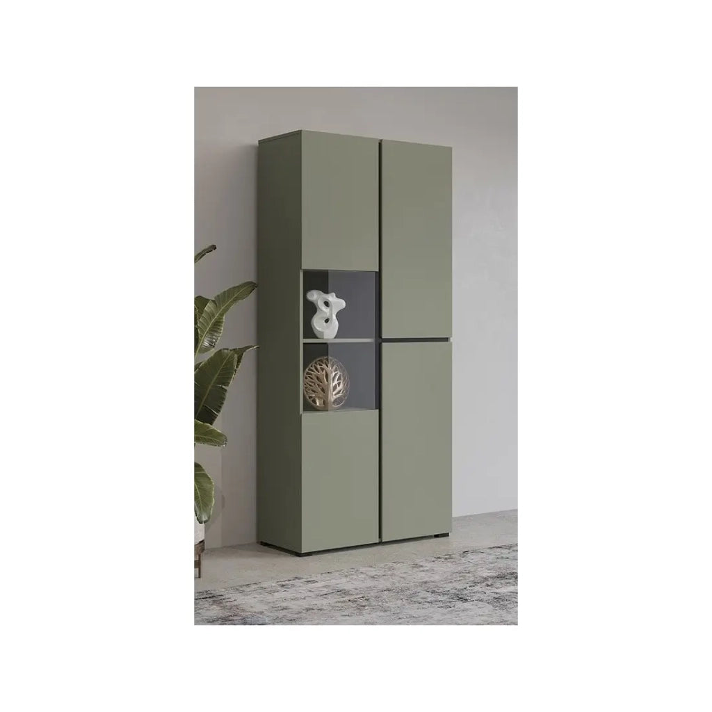 Vetrina alta 2 porte collezione HAVANA con LED integrato. Colori salvia e nero.