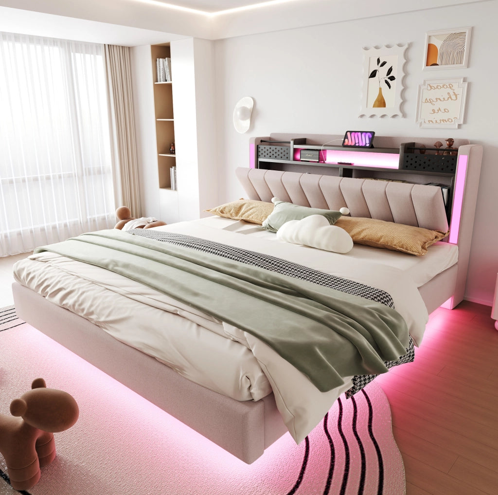Letto matrimoniale imbottito 160x200 cm beige con LED e USB