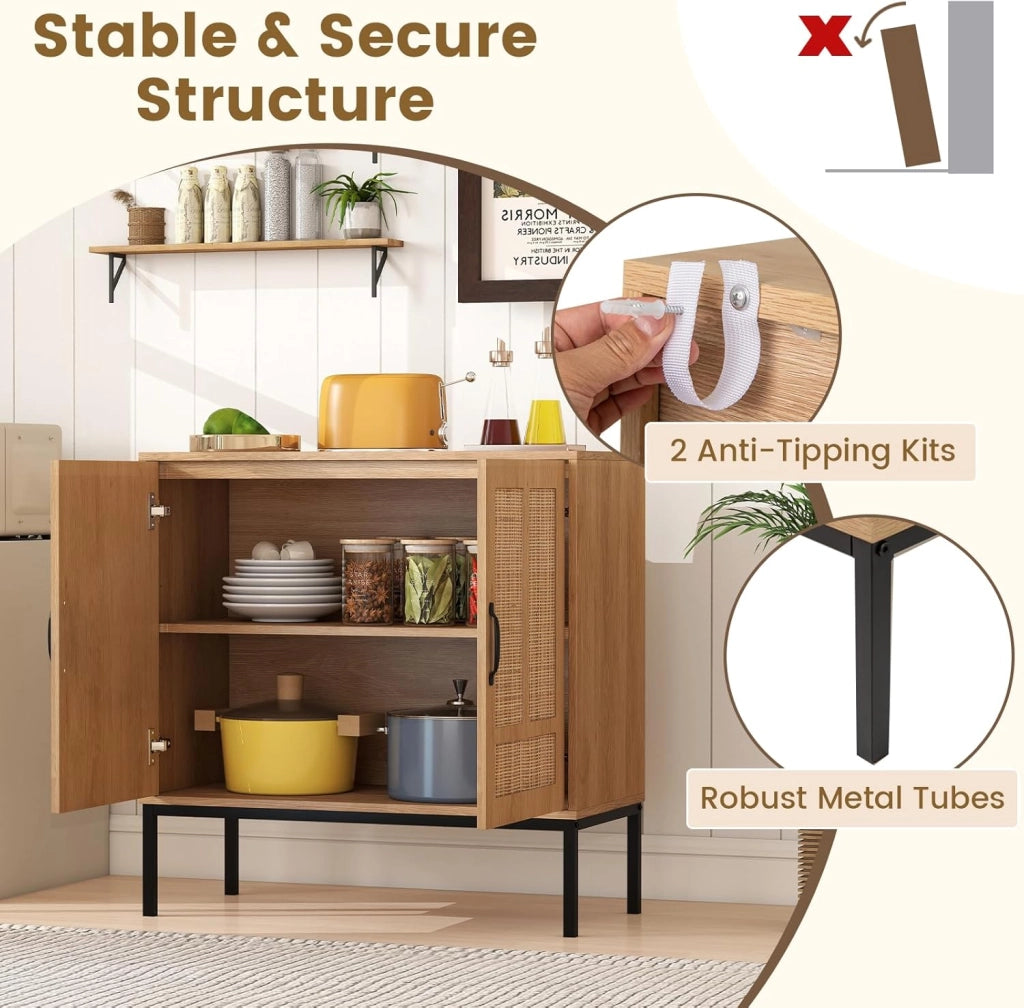 Credenza a buffet da cucina con 2 ante decorate in rattan, mensola regolabile in 3 posizioni, kit antiribaltamento, 80 x 38 x 81 cm, mobile per sala da pranzo, soggiorno (naturale)