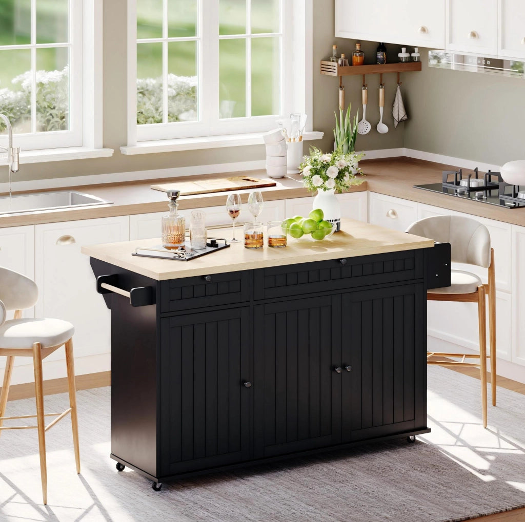 Isola da cucina mobile con piano ribaltabile, naturale e nero