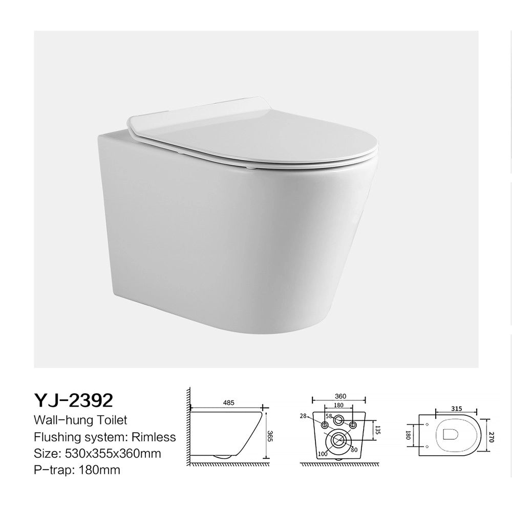 WC Sospeso Rimless YJ-2392 in Ceramica Bianco Lucido dal Design Moderno