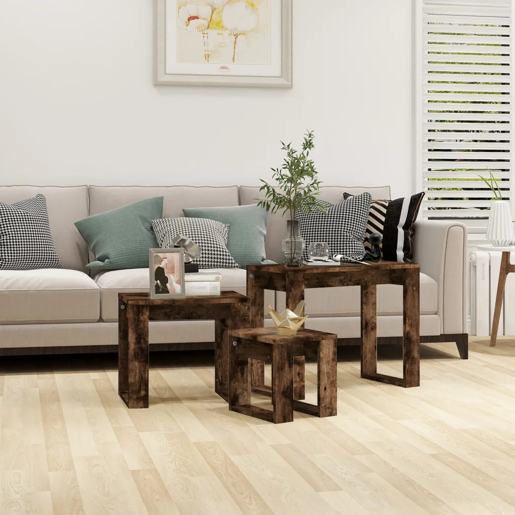 Tavolini Impilabili 3 pz | Tavolo laterale Rovere Fumo in Legno Multistrato
