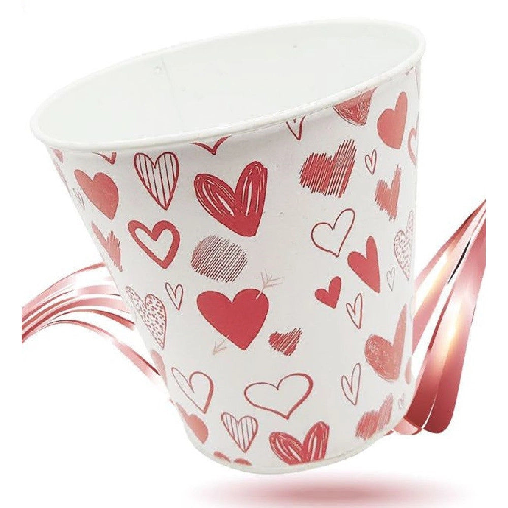 Trade Shop - Secchiello Decorativo In Latta Con Cuori Rosso Bianco 14cm San Valentino 92263 -