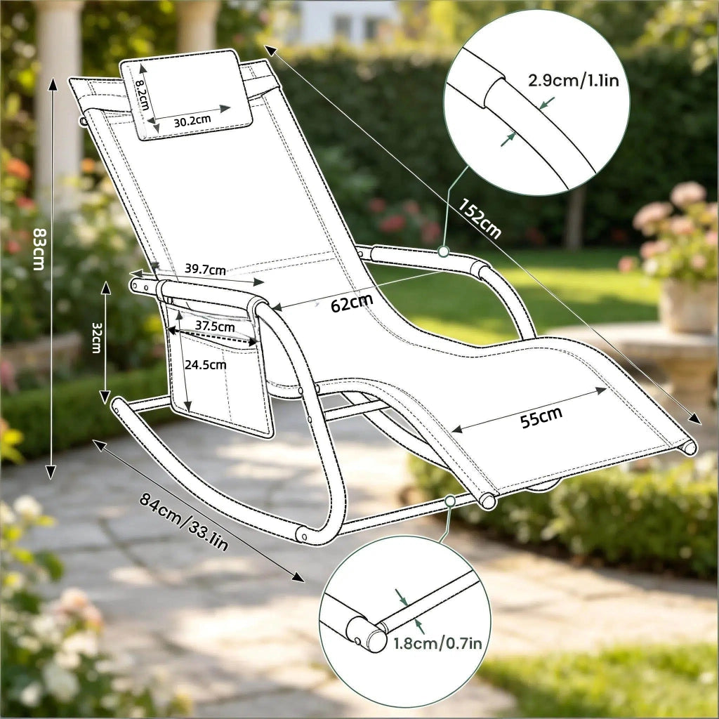 Sedia a dondolo da esterno con tasca laterale e design ergonomico in metallo e poliestere nero