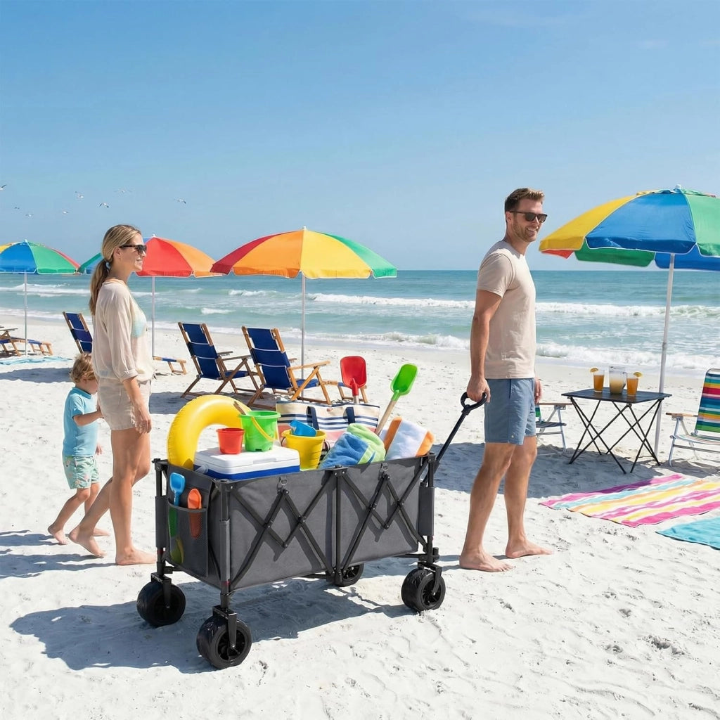 260L carrello spiaggia Massimo 200kg carrello con ruote portatutto grandi,carrellos pieghevole Con Braccioli Regolabili e Tasche Laterali per Giardino Campeggio Ogni Tipo di Terreno, Grigio