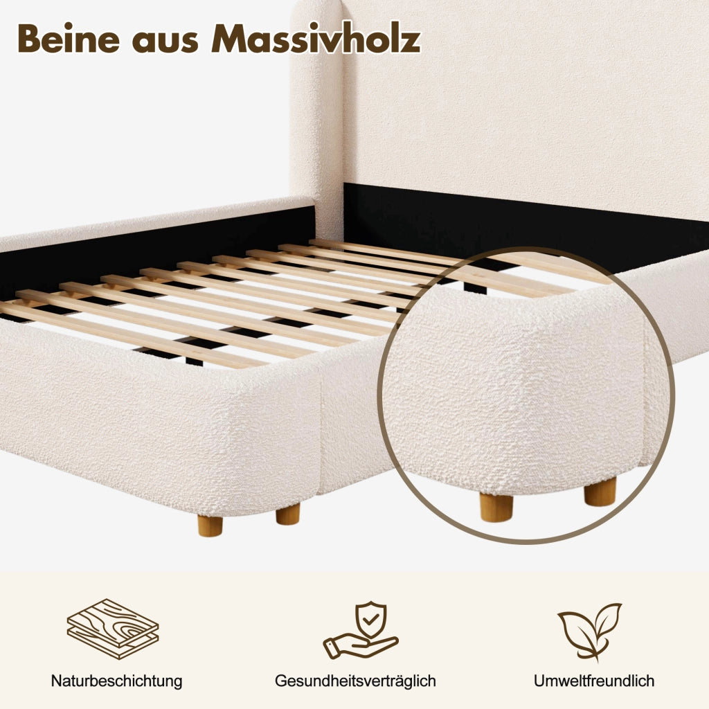 Letto matrimoniale king size 180x200 cm imbottito con testiera e rete a doghe; tessuto bouclé beige