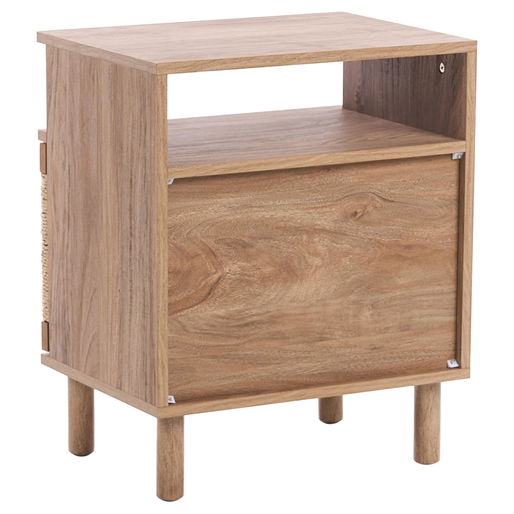 Comodino in truciolato marrone chiaro con frontale in corda di carta Stile boho moderno Contenitore per camera da letto