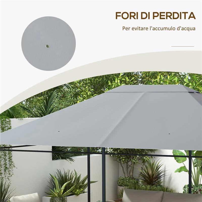 TETTO DI RICAMBIO 4X3 M PER GAZEBO ANTI UV IN POLIESTERE CON PRESA D'ARIA, GRIGIO CHIARO