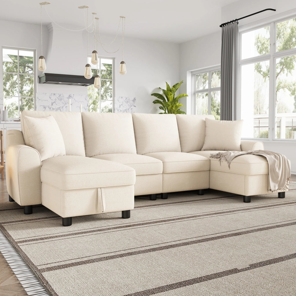 Divano a U moderno in ciniglia beige con chaise longue e vano contenitore